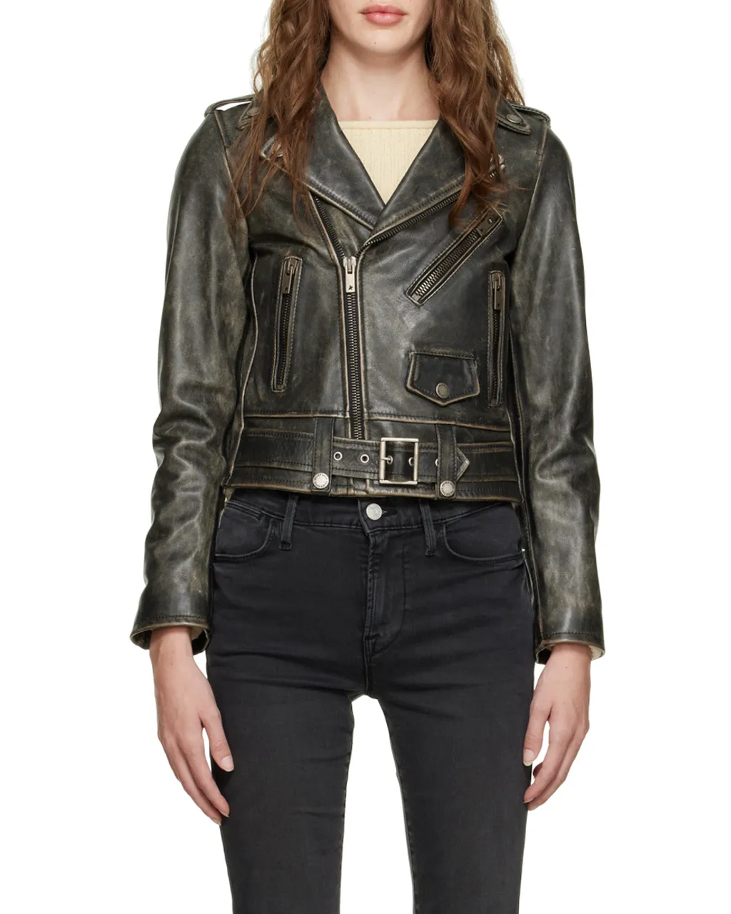 Cracked Effect Leather Biker Jacket