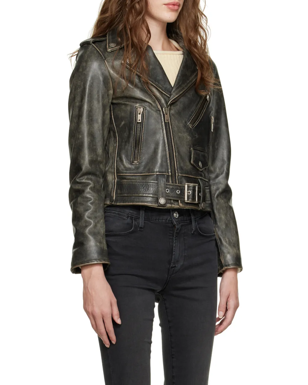 Cracked Effect Leather Biker Jacket