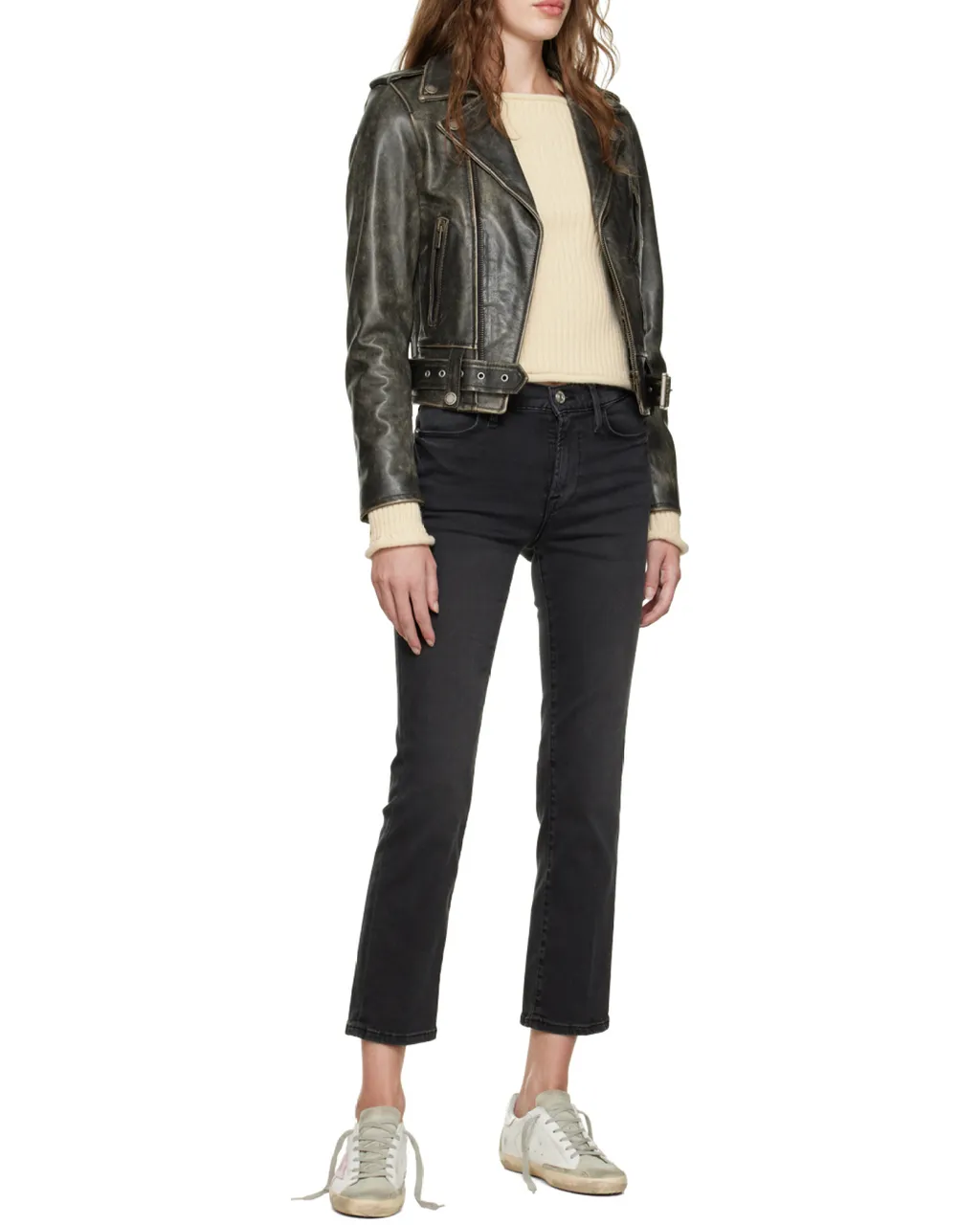 Cracked Effect Leather Biker Jacket