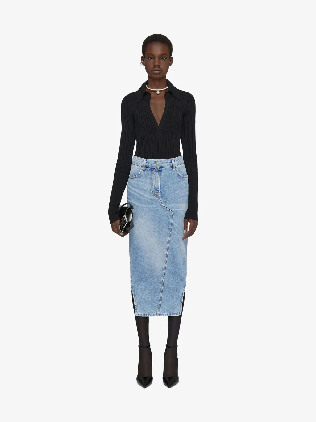 Asymmetric Denim Midi Skirt