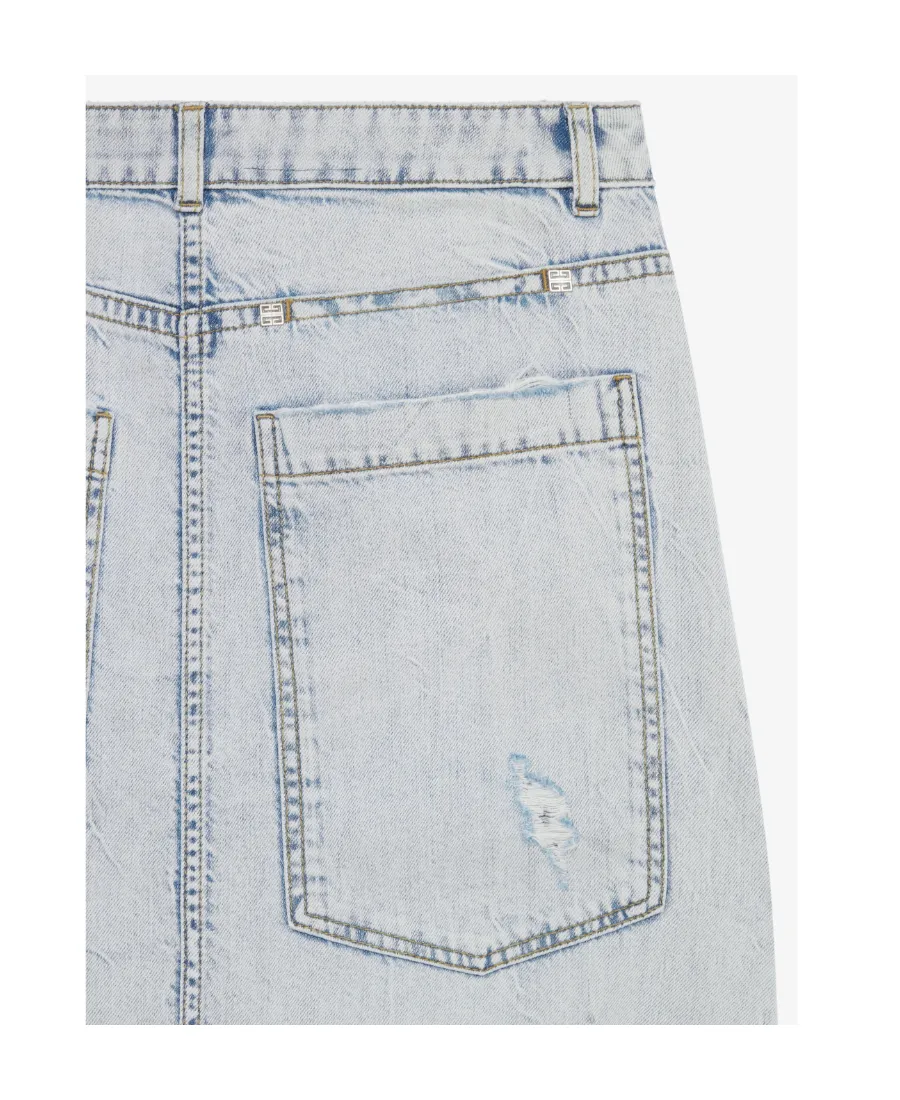 Destroyed-Effect Midi Denim Skirt