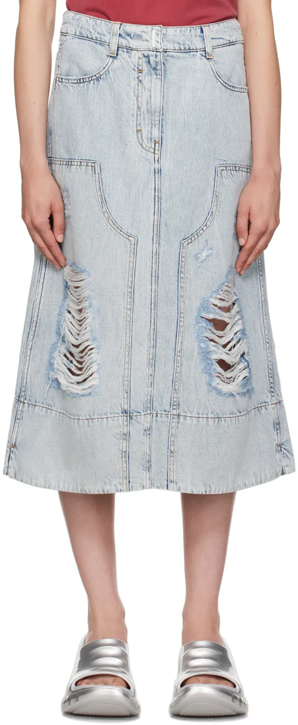 Destroyed-Effect Midi Denim Skirt