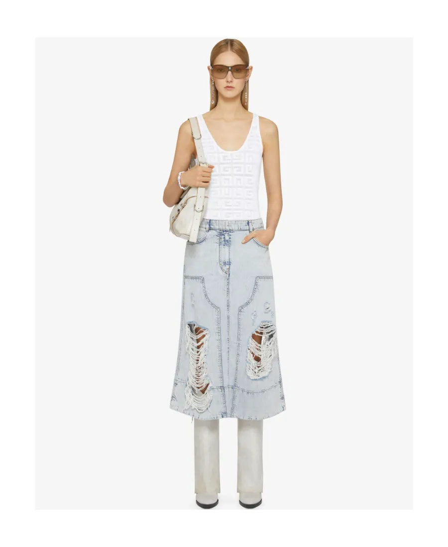 Destroyed-Effect Midi Denim Skirt