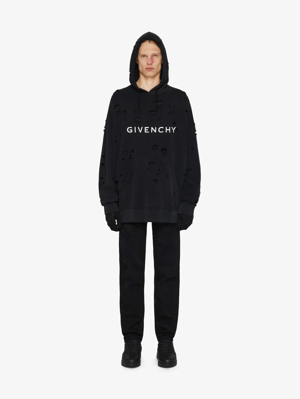 Distressed Logo Printed Drawstring Hoodie
