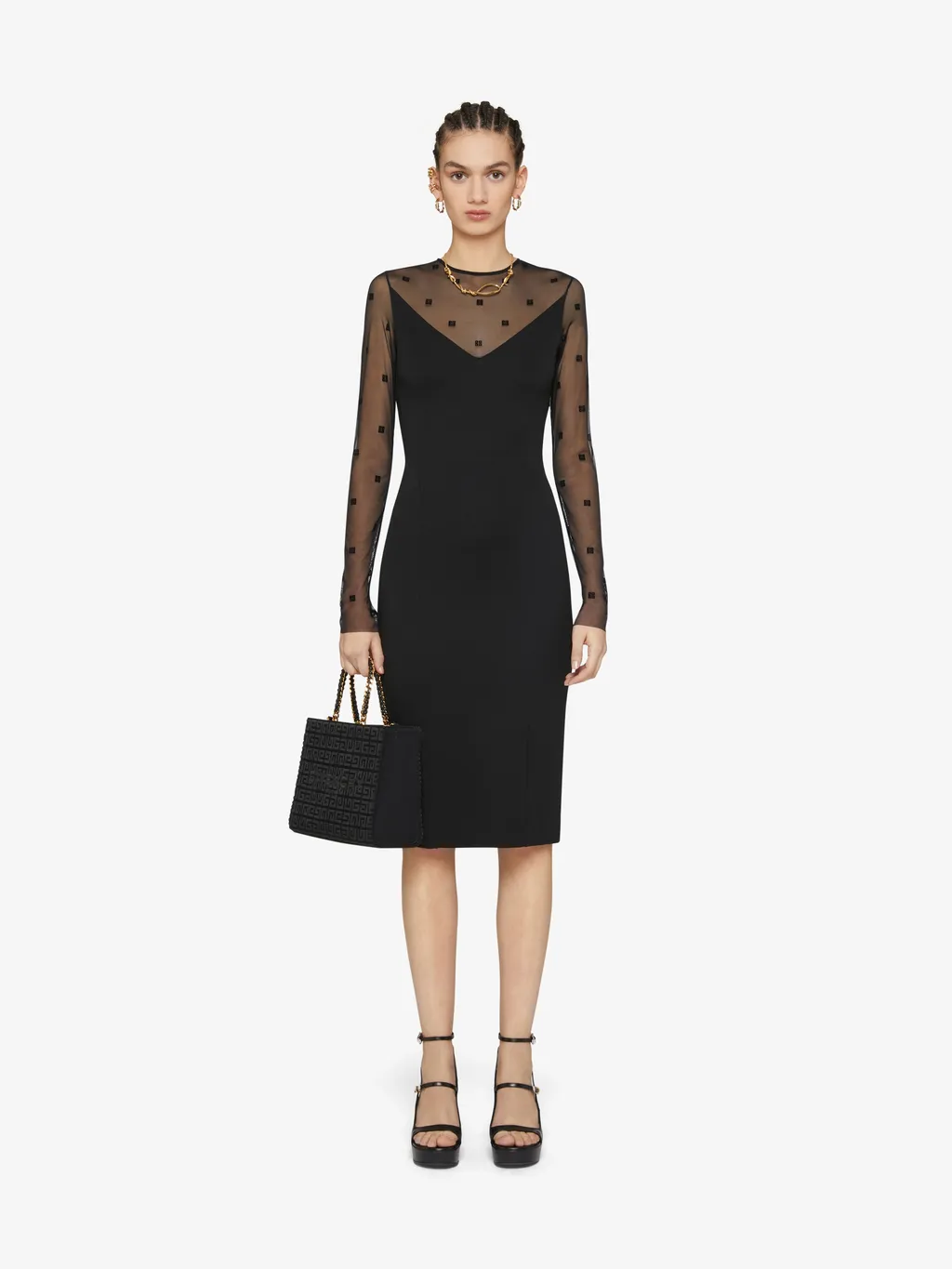 V-Neck Sheer Monogrammed Midi Dress