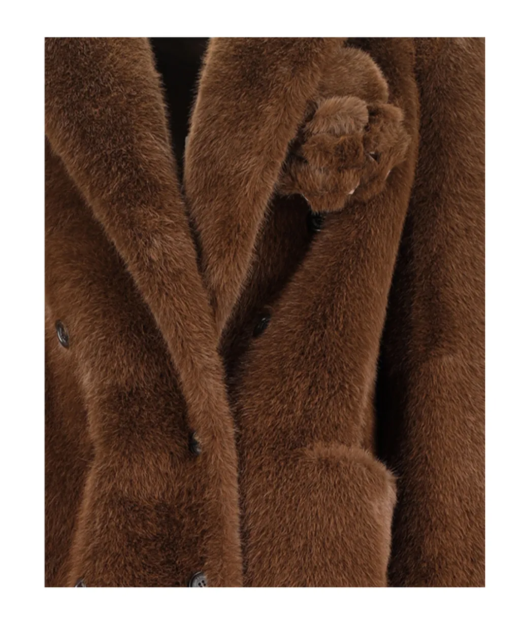 Faux-Fur Floral-Brooch Coat