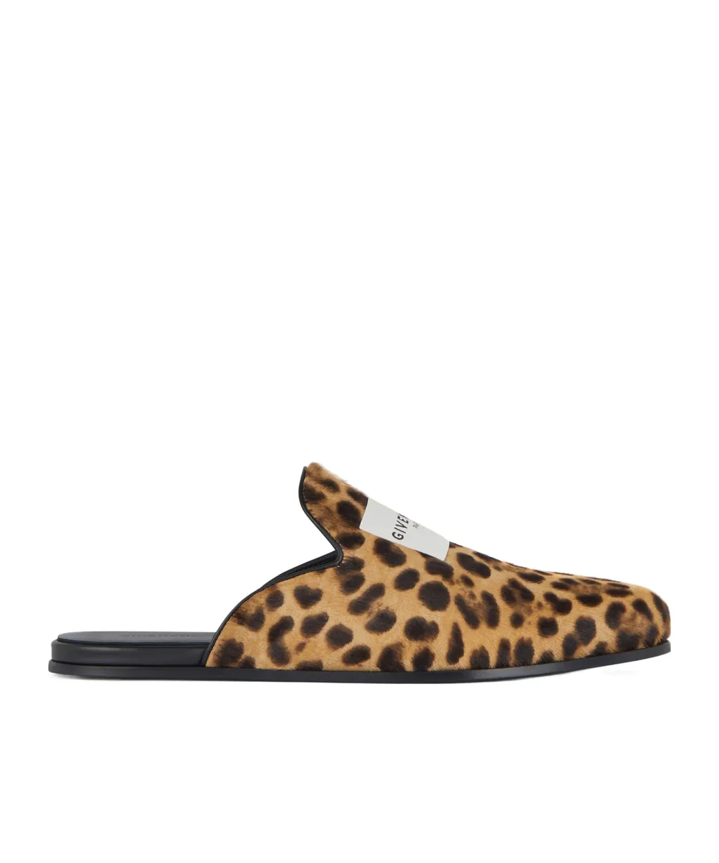 Label Flat Mules In Leather With Leopard Print