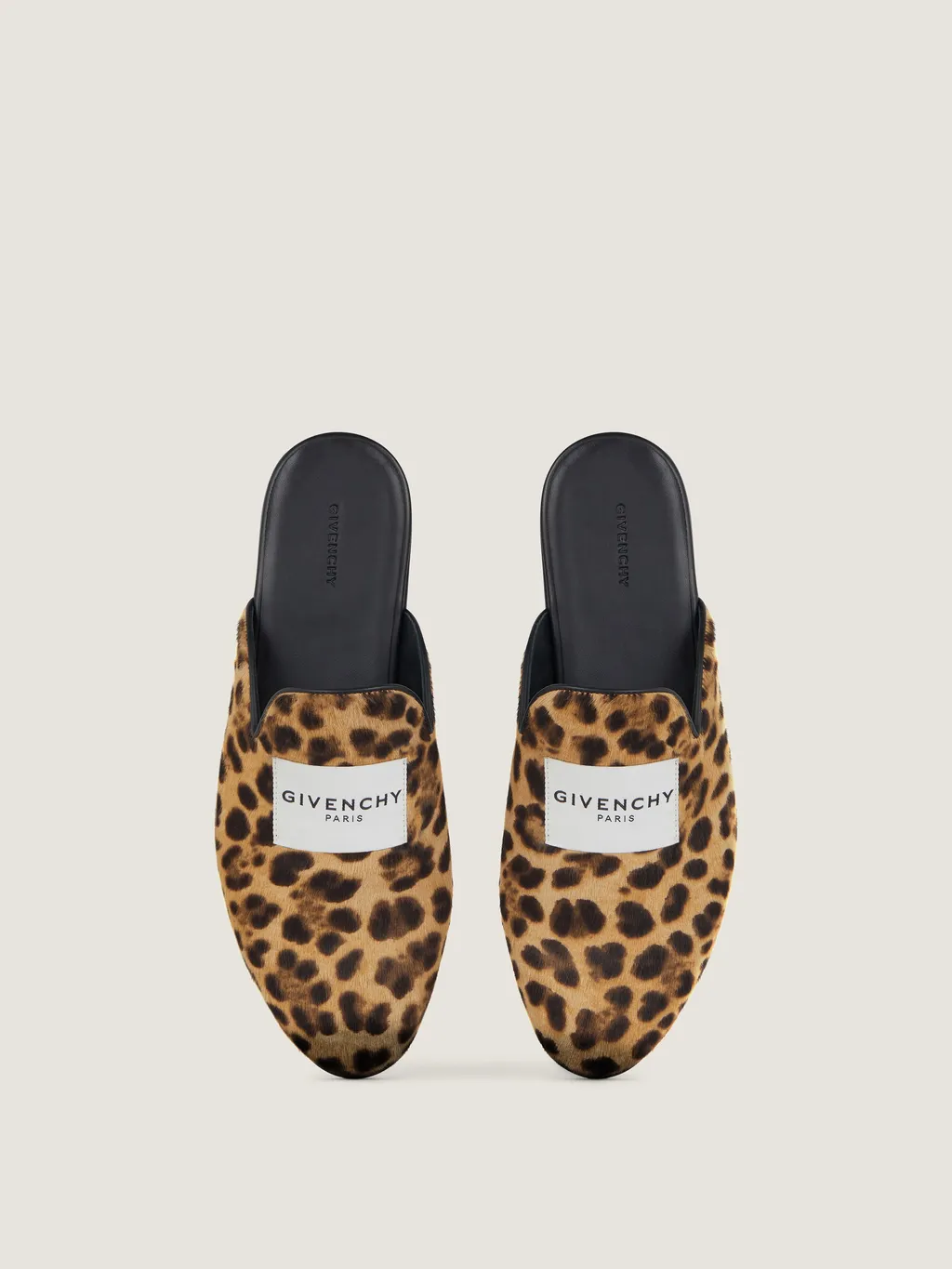Label Flat Mules In Leather With Leopard Print