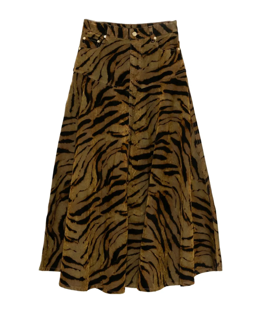 Tiger-Print Denim Maxi Skirt
