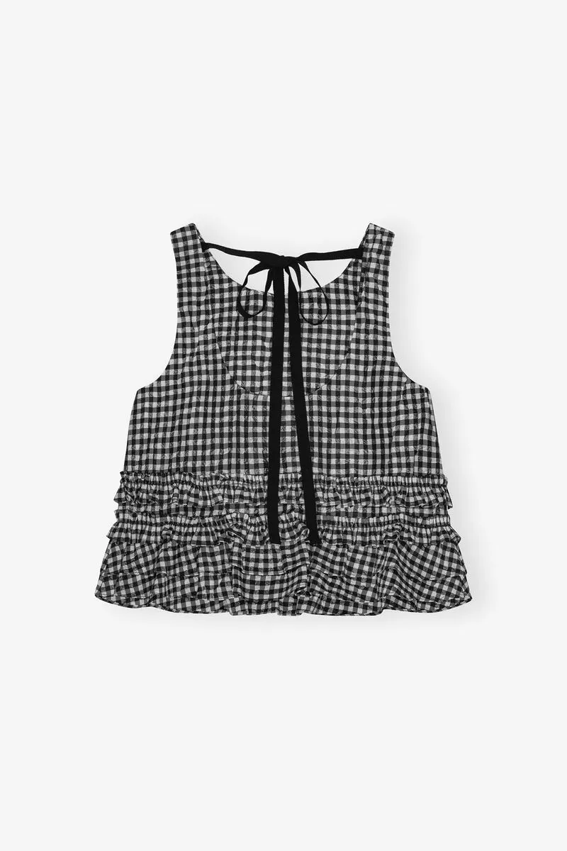 Crinkled Check Frill Top