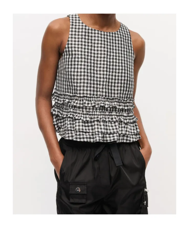 Crinkled Check Frill Top