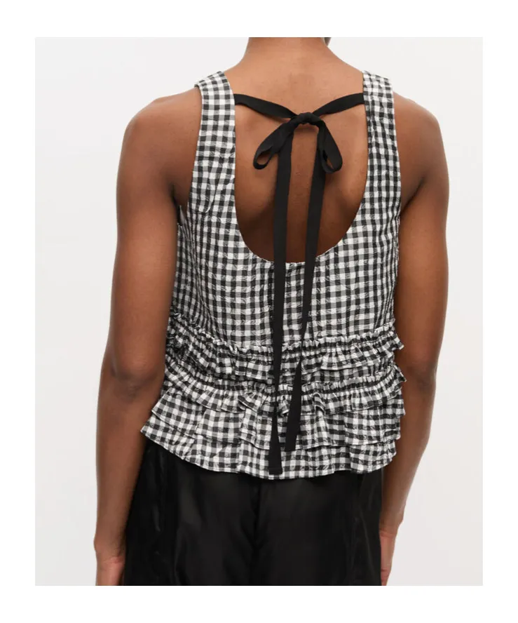 Crinkled Check Frill Top