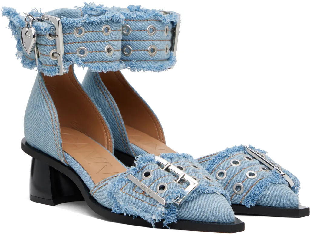 Blue Denim Feminine Buckle Open Cut Pumps