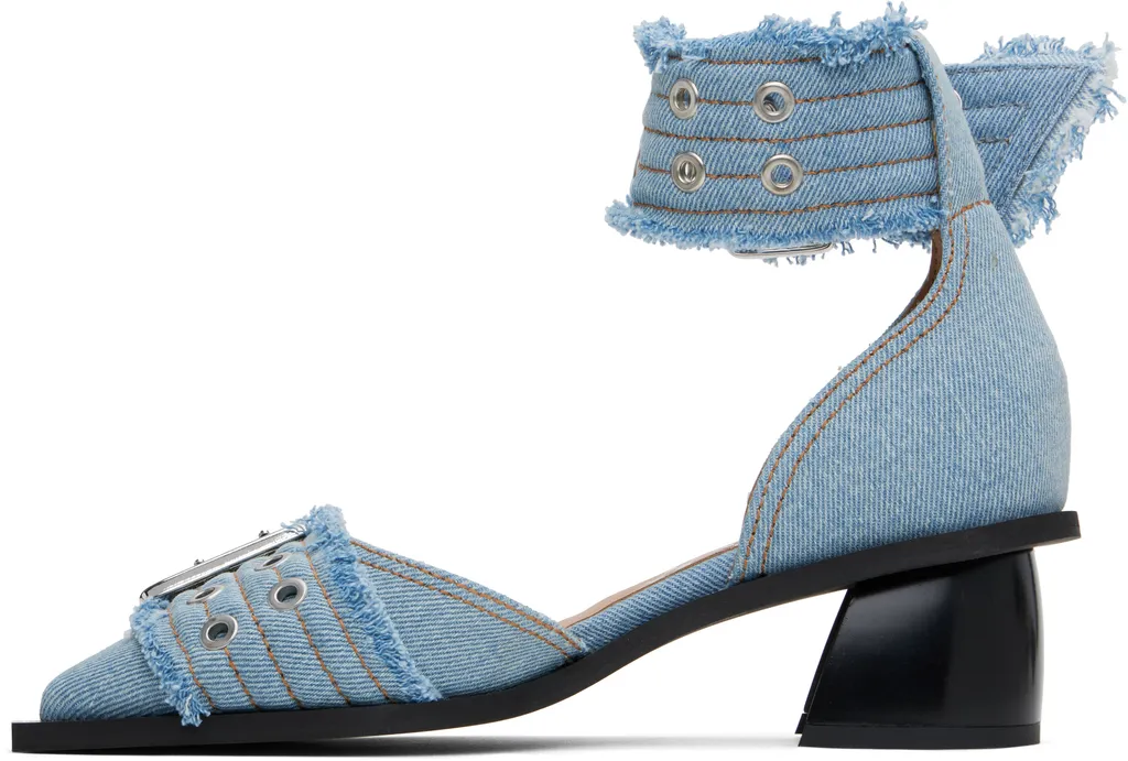 Blue Denim Feminine Buckle Open Cut Pumps