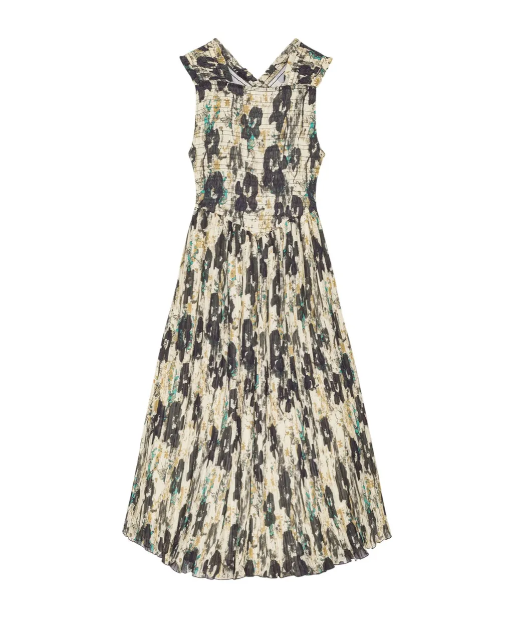 Printed Pleats Smock Midi Straps Dress