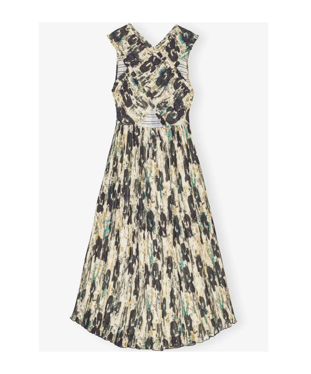 Printed Pleats Smock Midi Straps Dress