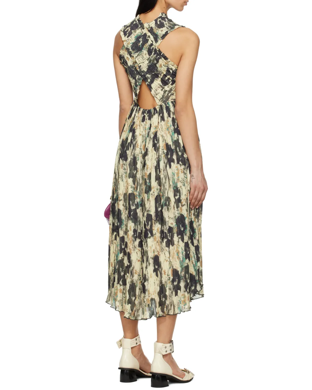 Printed Pleats Smock Midi Straps Dress