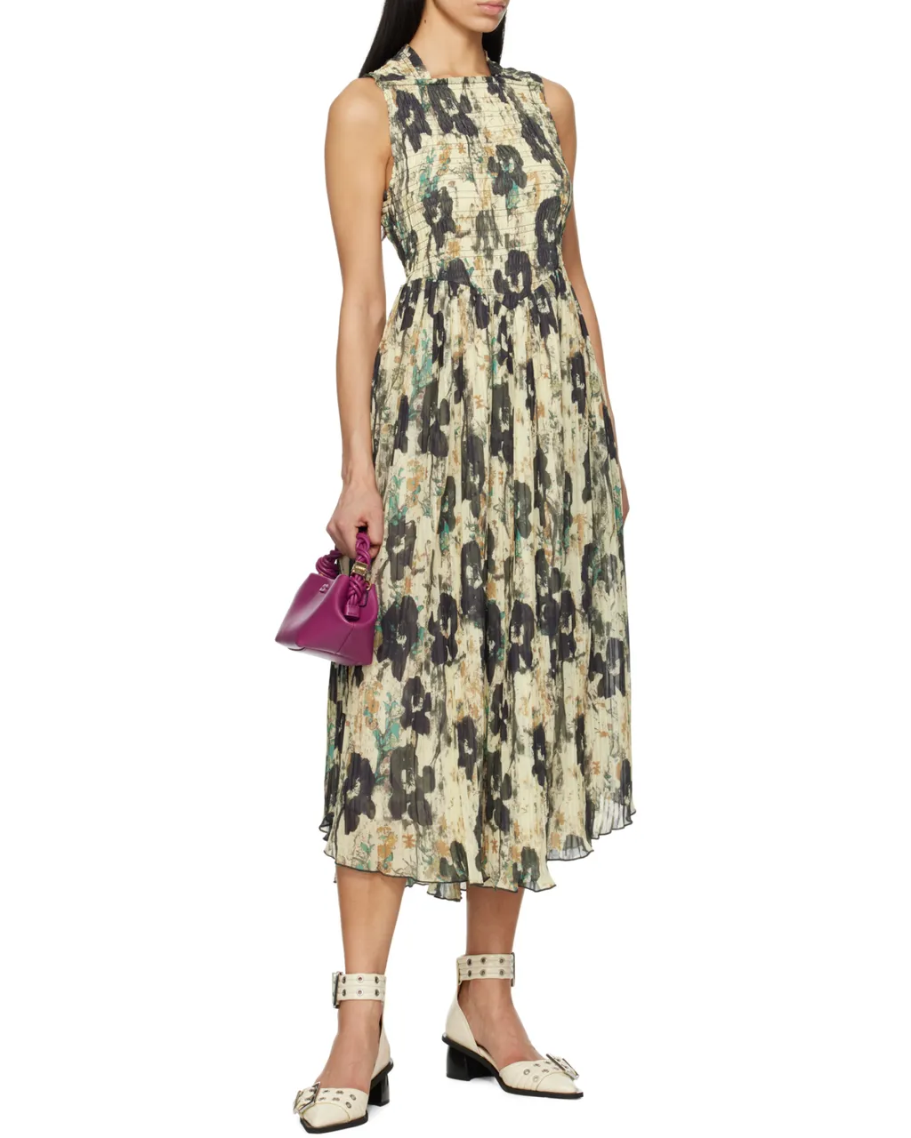 Printed Pleats Smock Midi Straps Dress