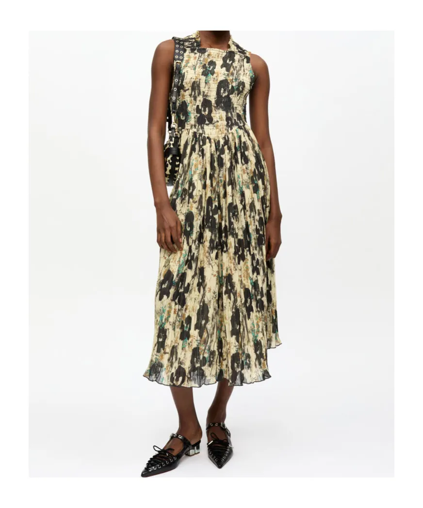 Printed Pleats Smock Midi Straps Dress
