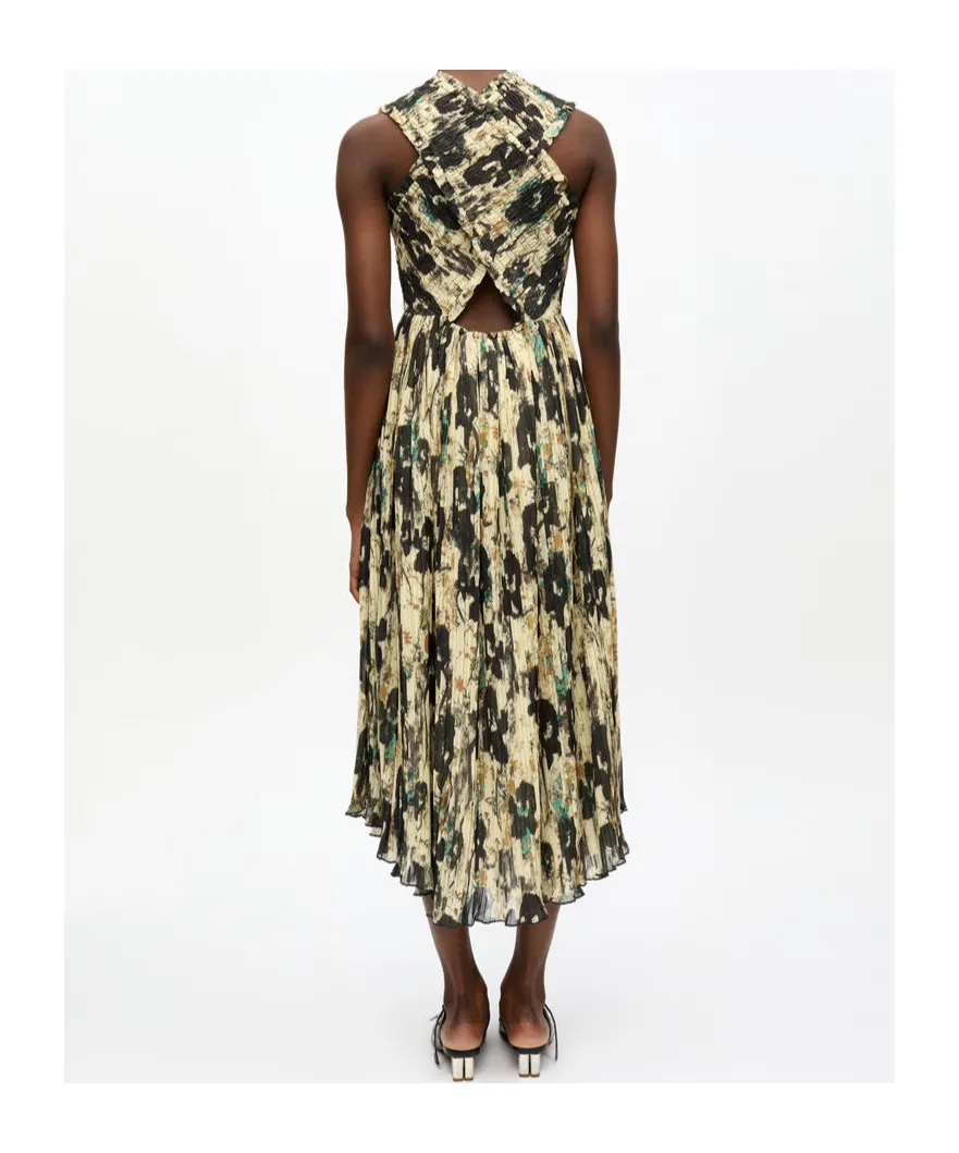 Printed Pleats Smock Midi Straps Dress
