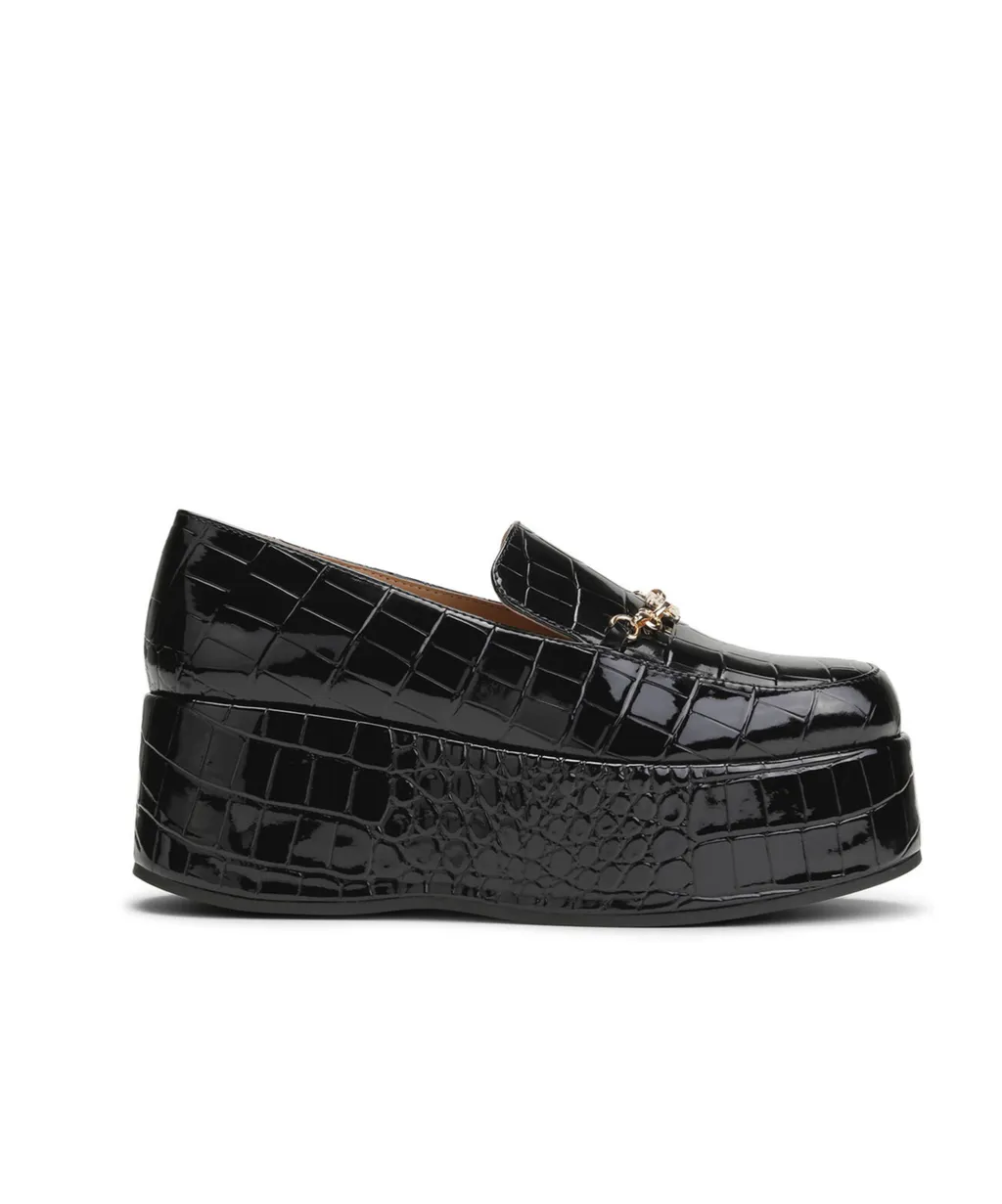 Black Patent Croco Butterfly Chain Platform Loafers