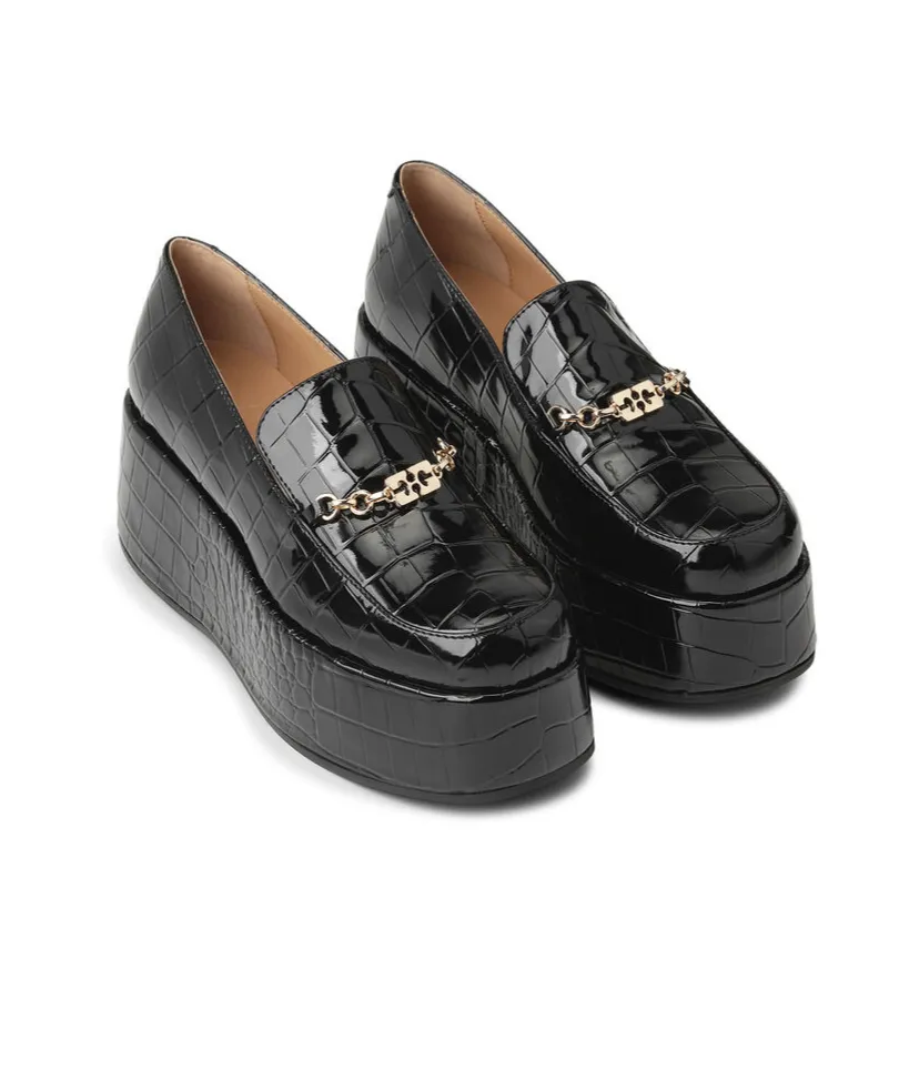Black Patent Croco Butterfly Chain Platform Loafers