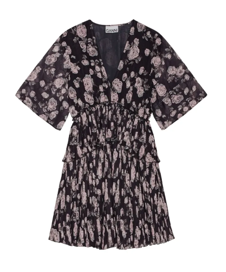 Floral Printed Pleated Georgette Mini Dress