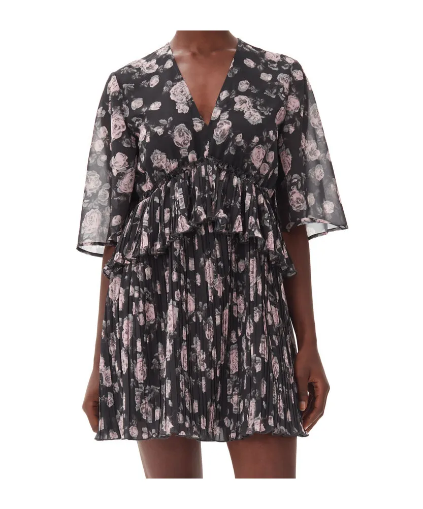 Floral Printed Pleated Georgette Mini Dress