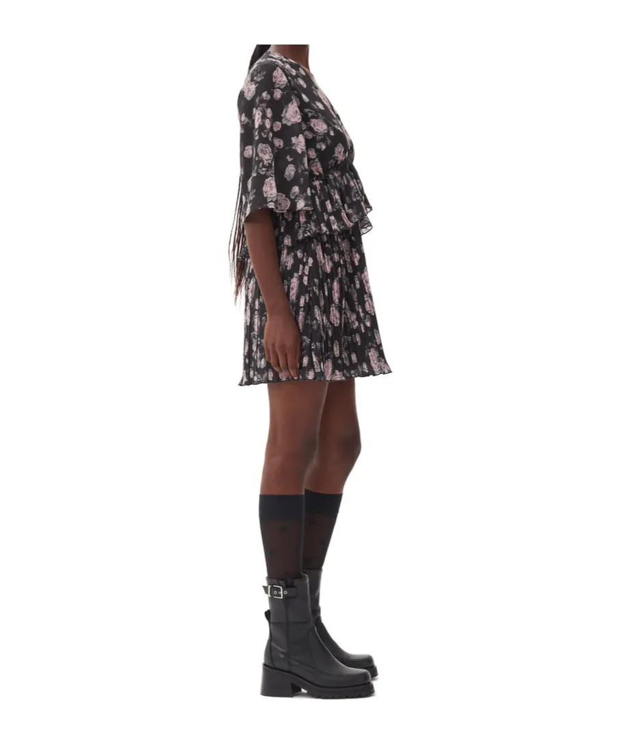 Floral Printed Pleated Georgette Mini Dress