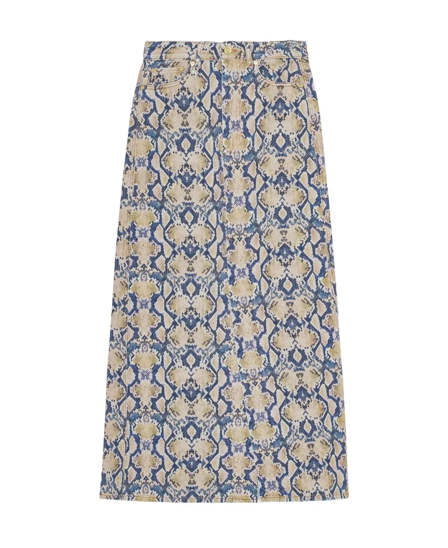 Snake-Print Denim Skirt