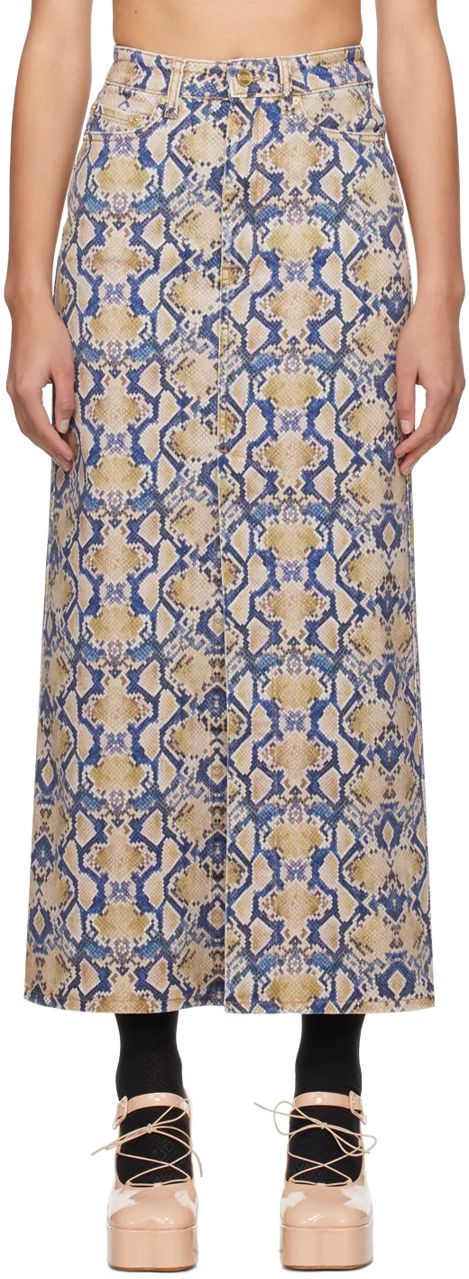 Snake-Print Denim Skirt