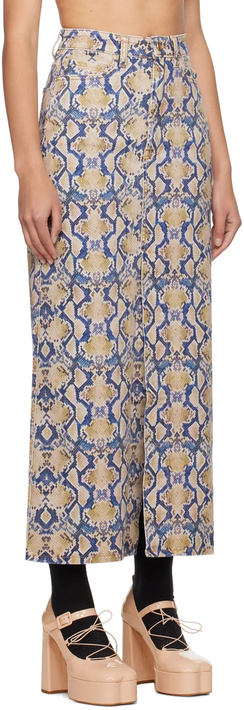 Snake-Print Denim Skirt