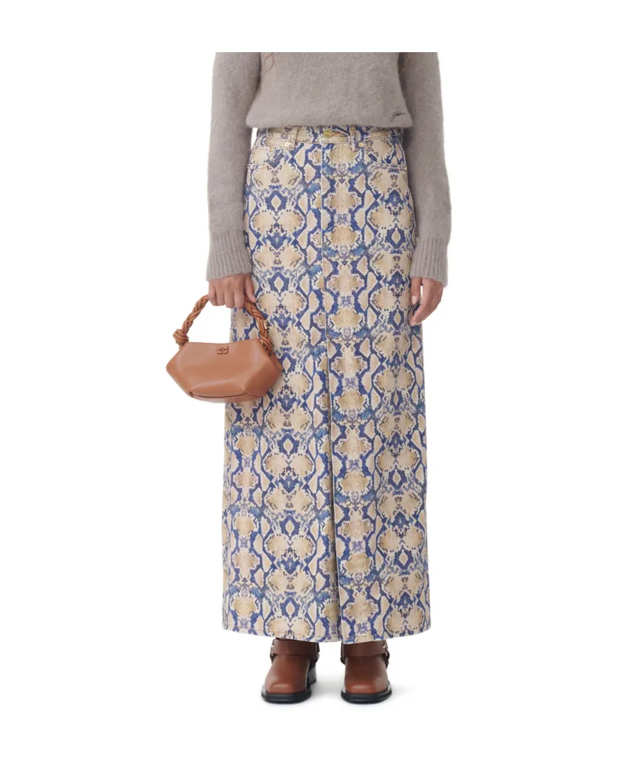 Snake-Print Denim Skirt