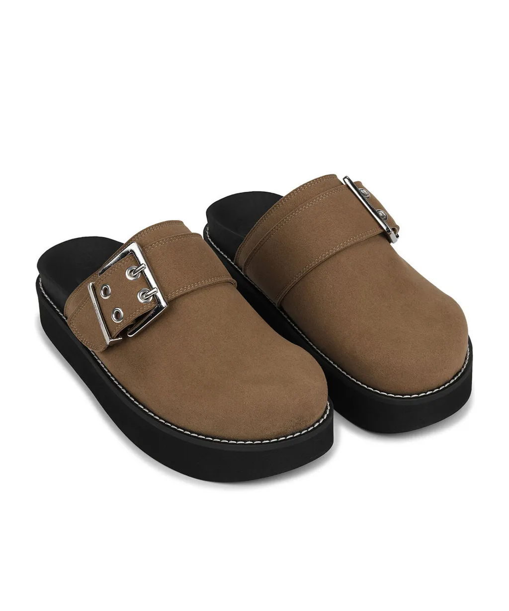 Buckle-Strap Round Toe Mules