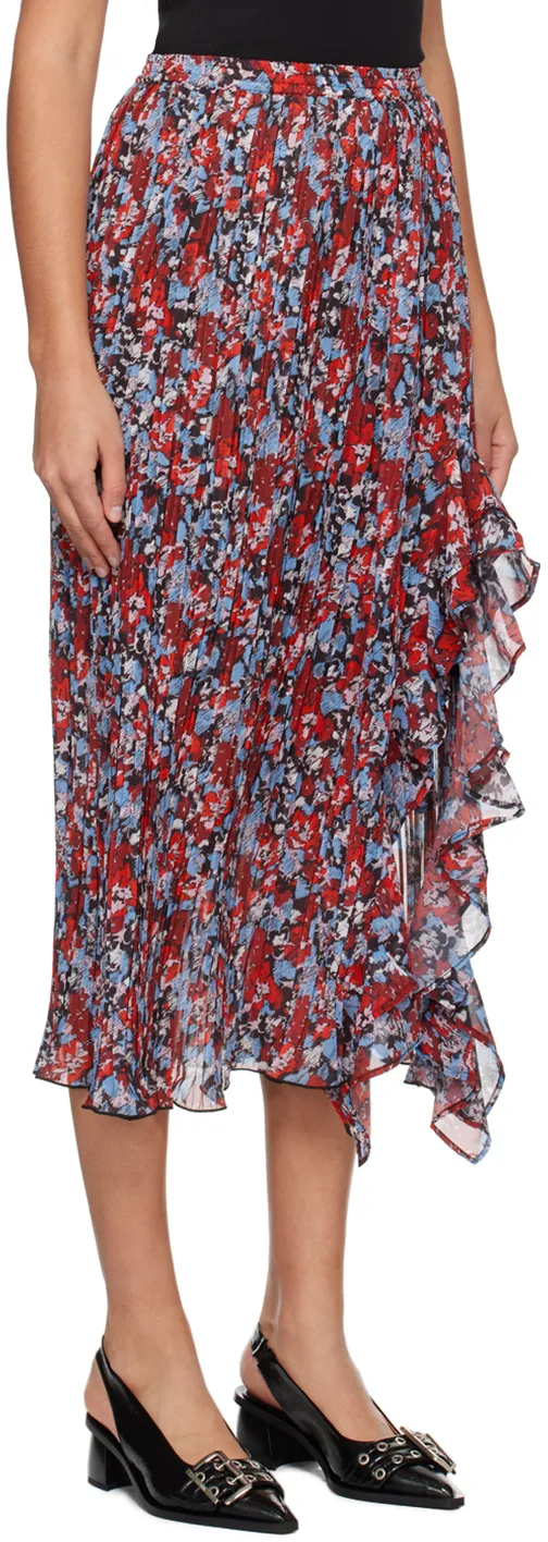 Red Pleated Georgette Midi Flounce Skirt