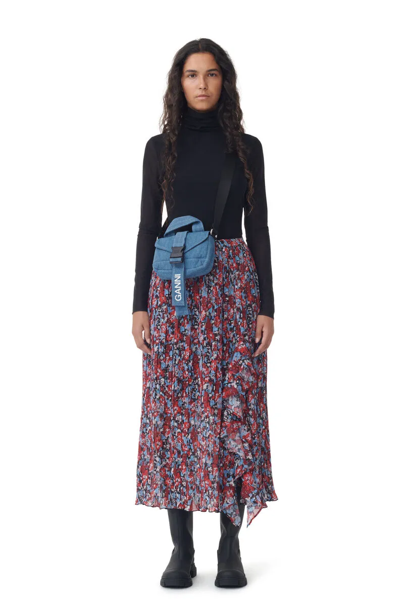 Red Pleated Georgette Midi Flounce Skirt