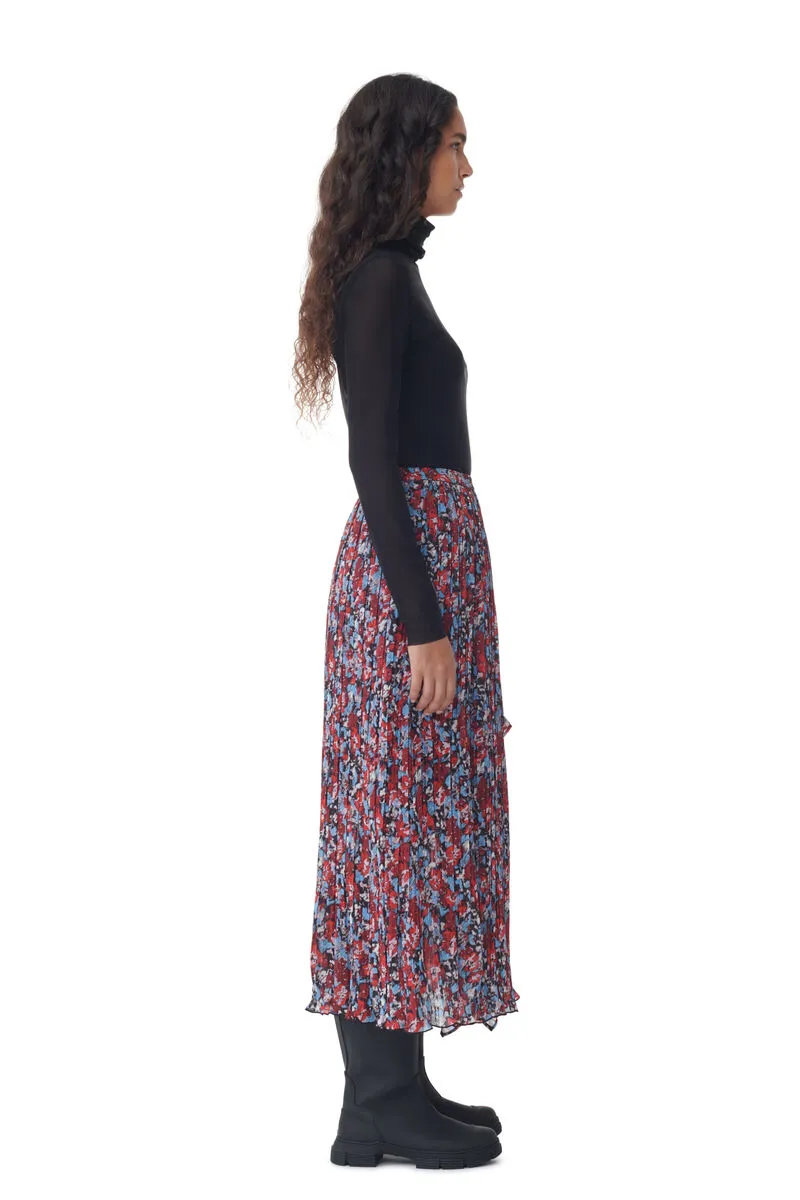 Red Pleated Georgette Midi Flounce Skirt