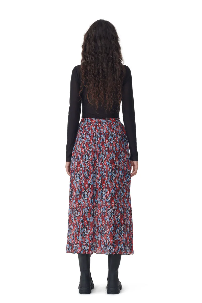 Red Pleated Georgette Midi Flounce Skirt