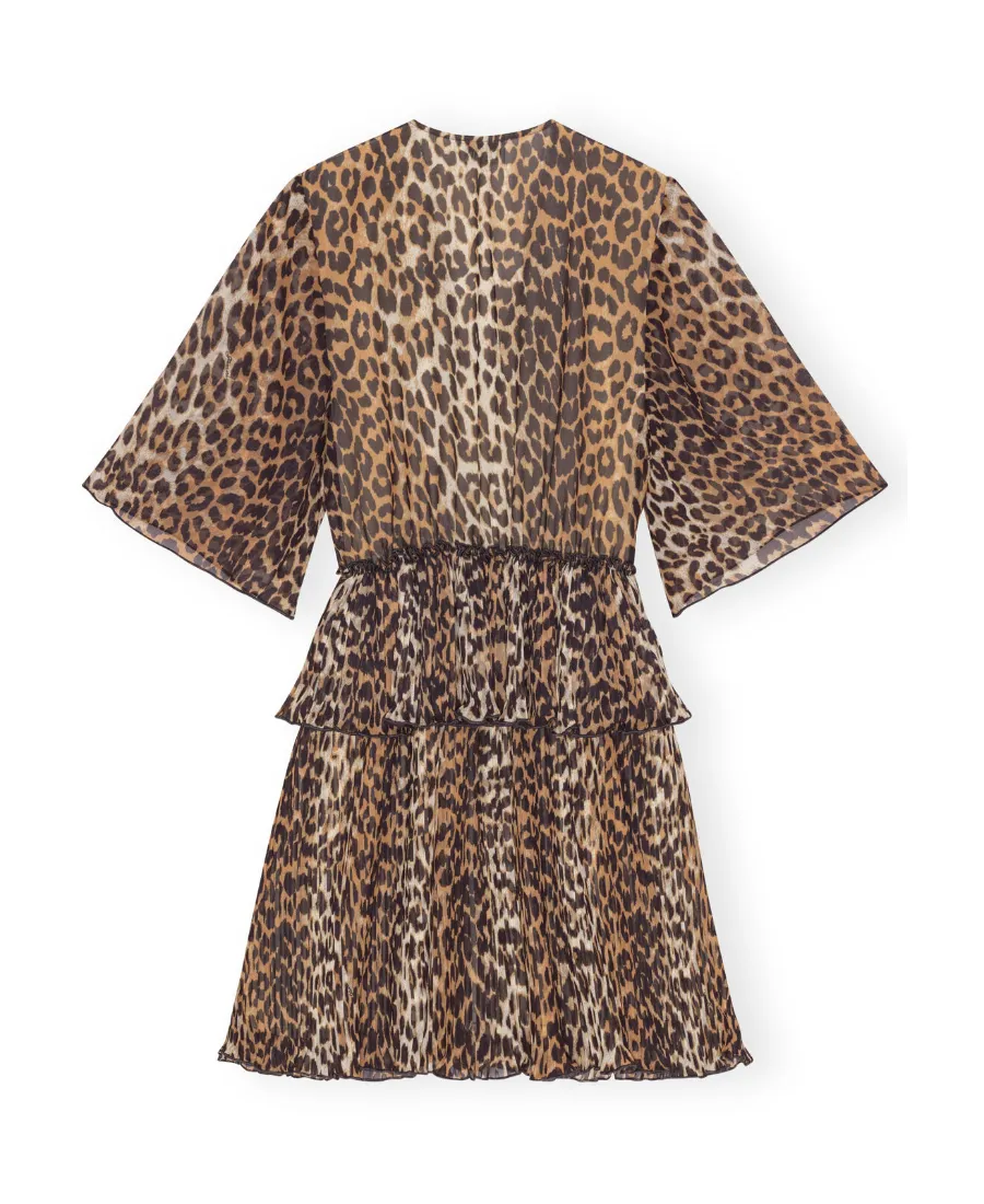 Leopard Printed Pleated V-Neck Mini Dress