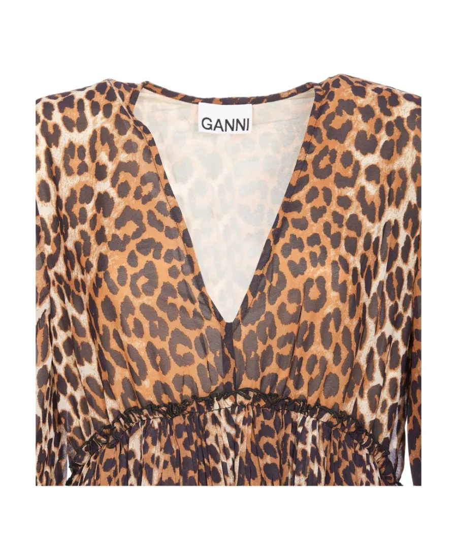 Leopard Printed Pleated V-Neck Mini Dress