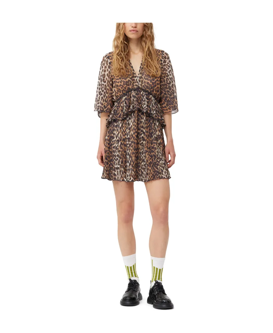 Leopard Printed Pleated V-Neck Mini Dress