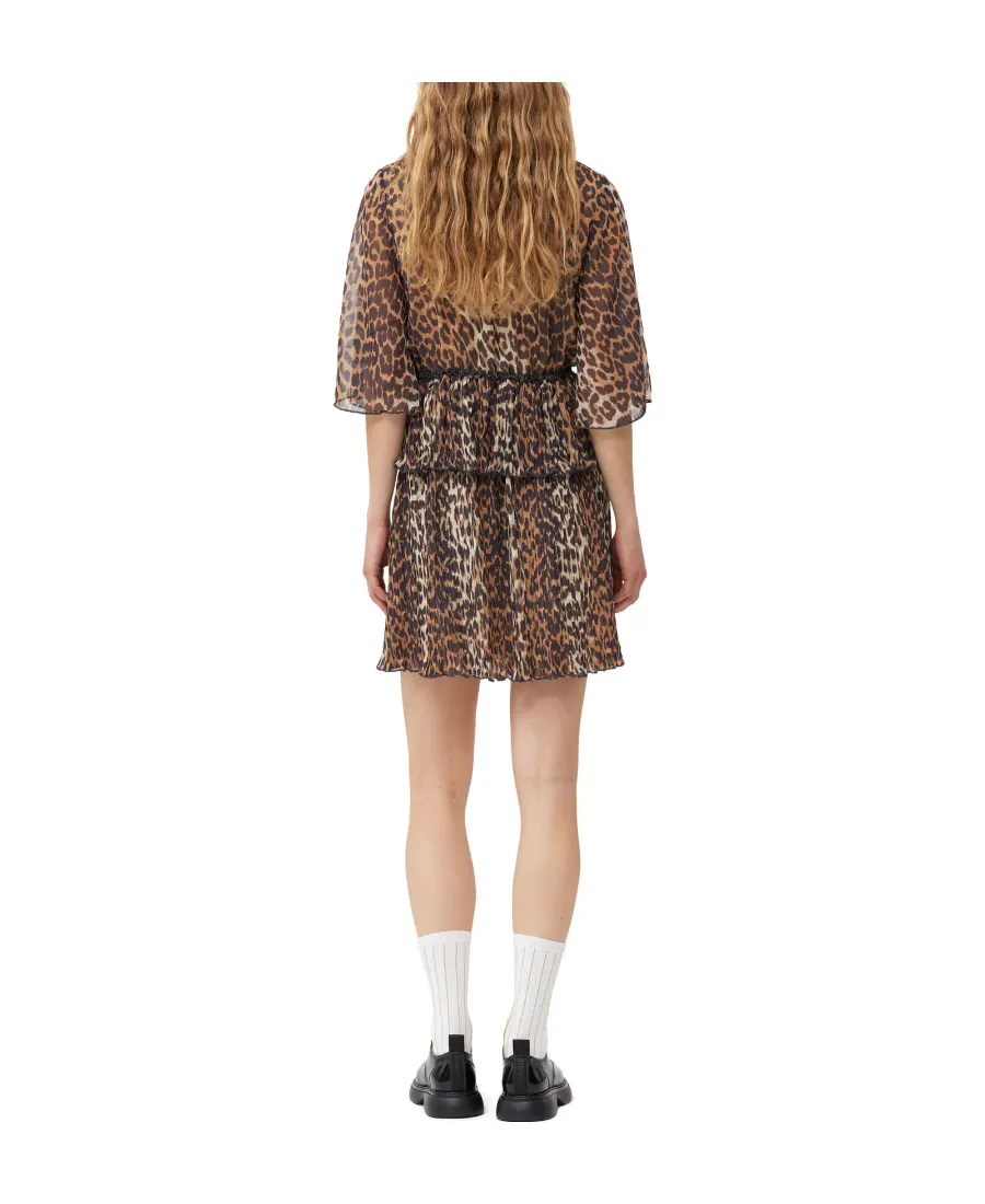Leopard Printed Pleated V-Neck Mini Dress