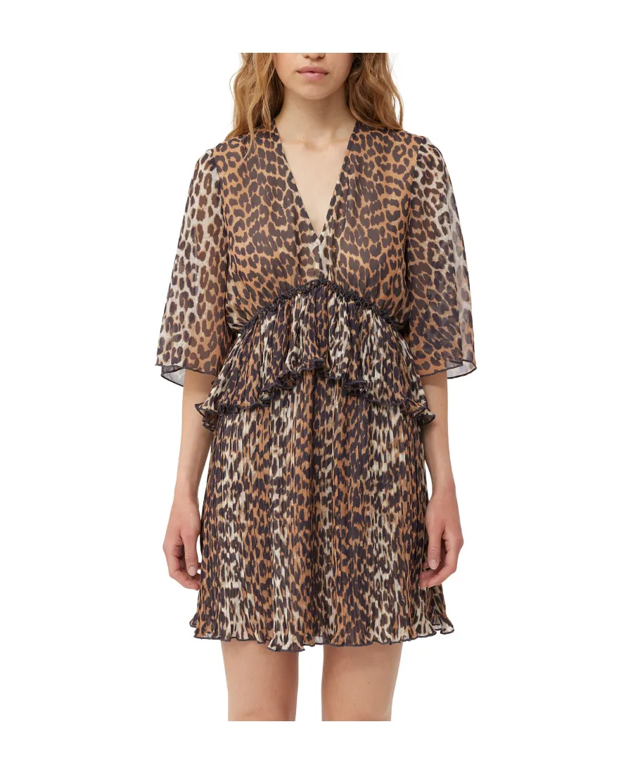 Leopard Printed Pleated V-Neck Mini Dress
