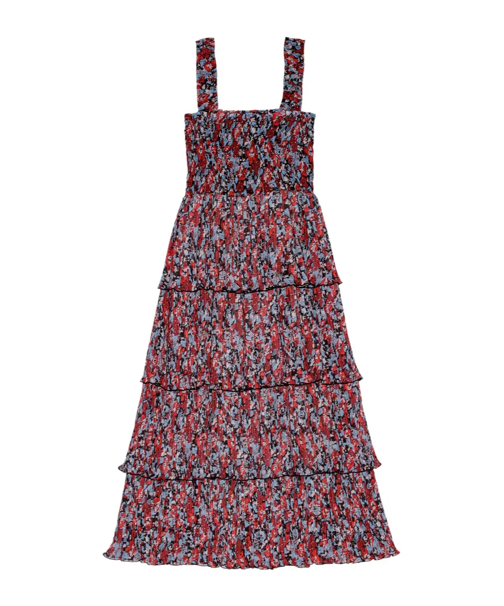 Pleated Georgette Flounce Smock Midi Dress