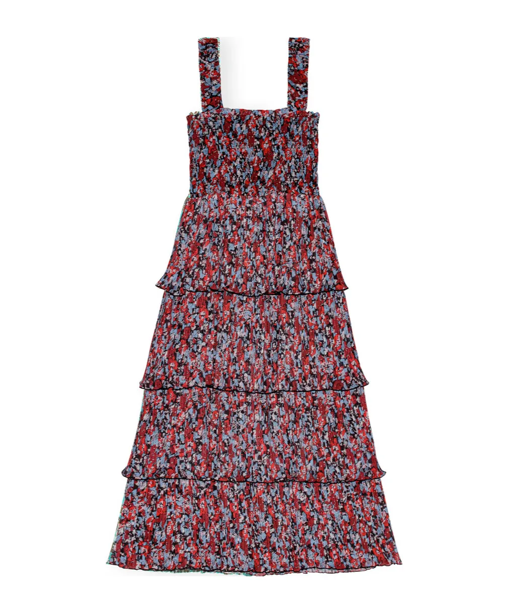 Pleated Georgette Flounce Smock Midi Dress