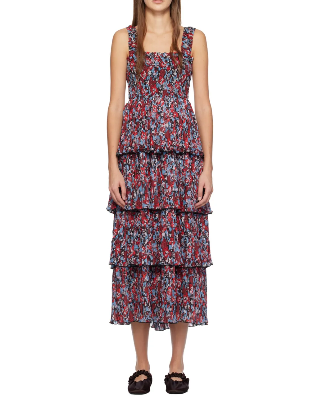 Pleated Georgette Flounce Smock Midi Dress