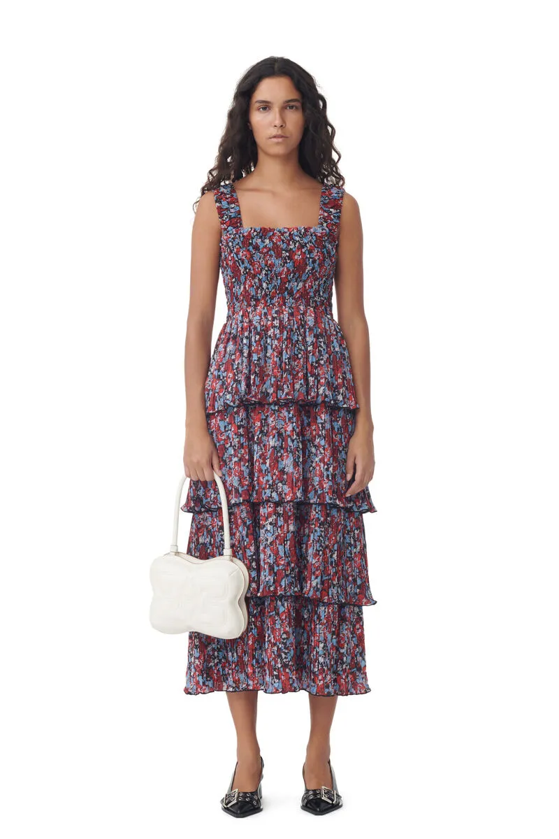 Pleated Georgette Flounce Smock Midi Dress
