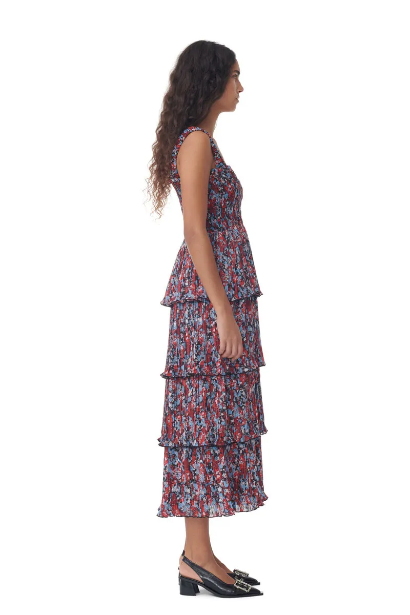 Pleated Georgette Flounce Smock Midi Dress