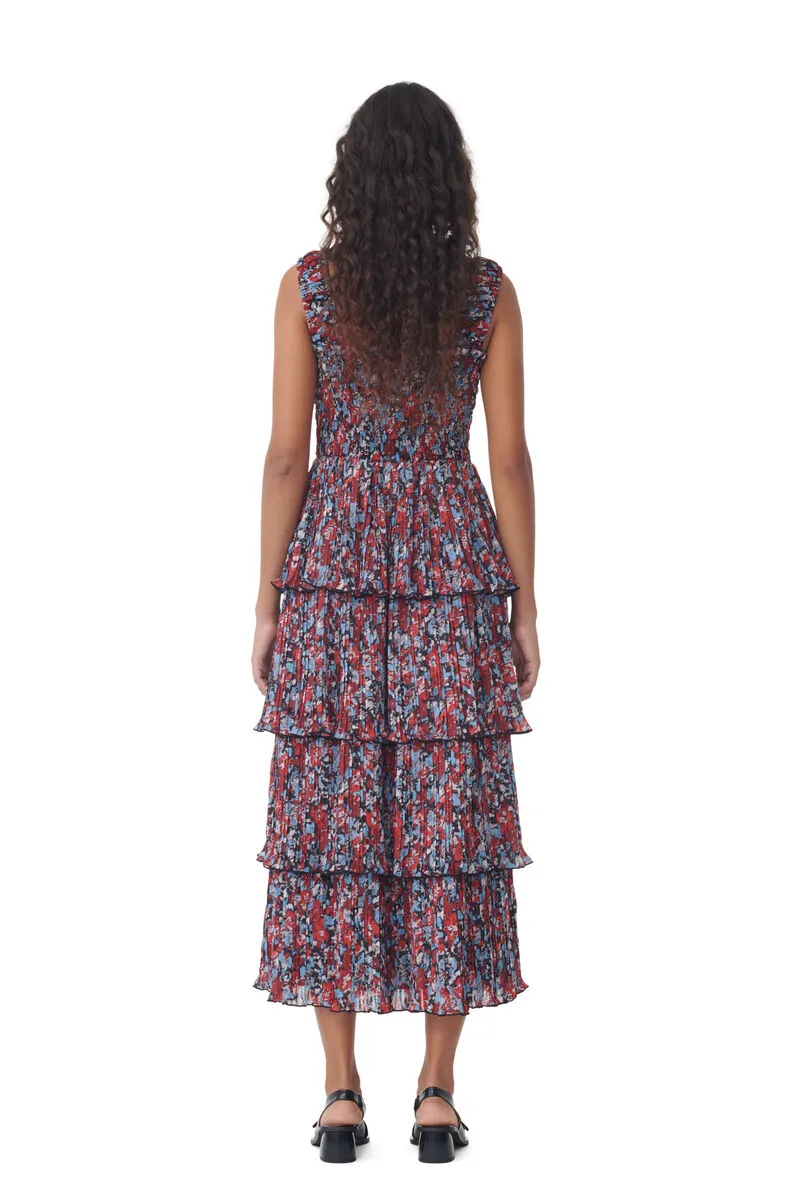 Pleated Georgette Flounce Smock Midi Dress