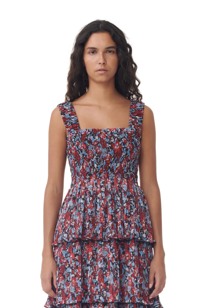 Pleated Georgette Flounce Smock Midi Dress